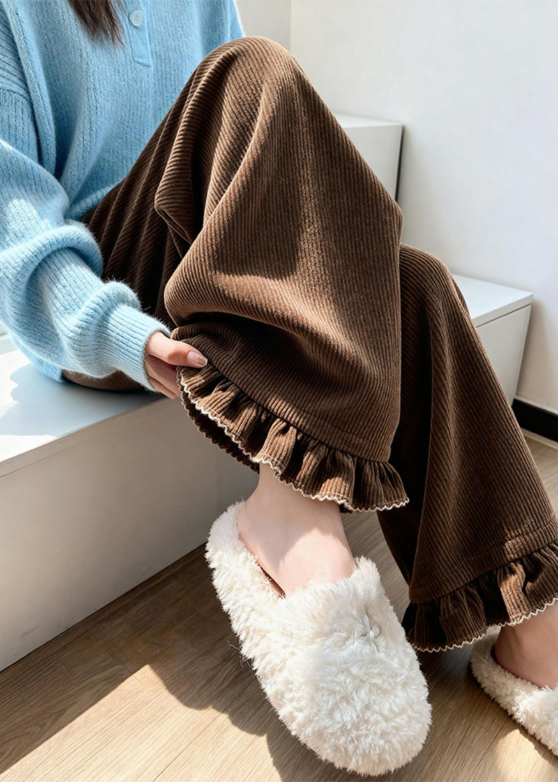 Loose Coffee Ruffled Patchwork Corduroy Wide Leg Pants