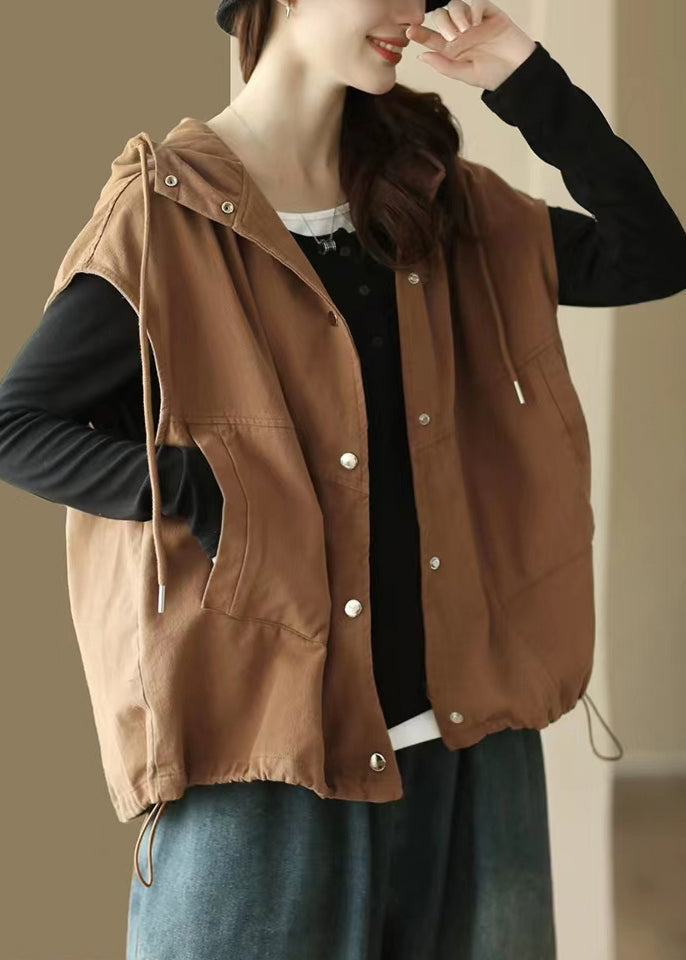 Loose Coffee Button Drawstring Cotton Waistcoat Sleeveless