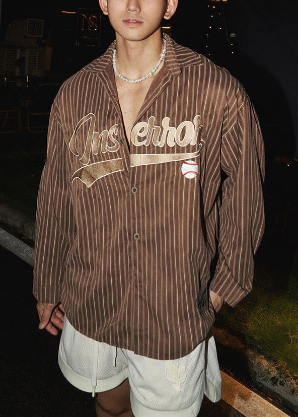 Loose Coffee Striped Letter Cotton Shirts Spring