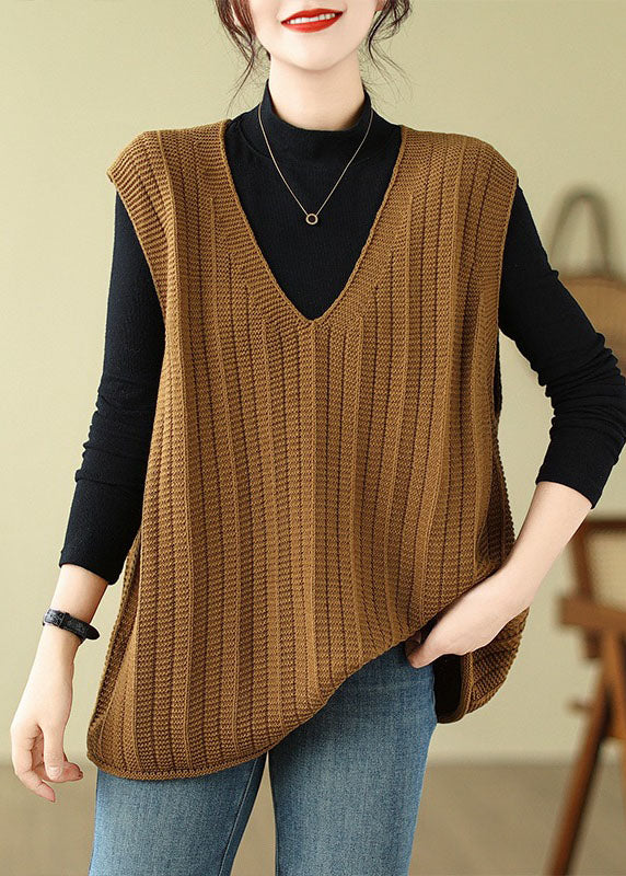 Loose Coffee V Neck Cozy Knit Waistcoat Fall