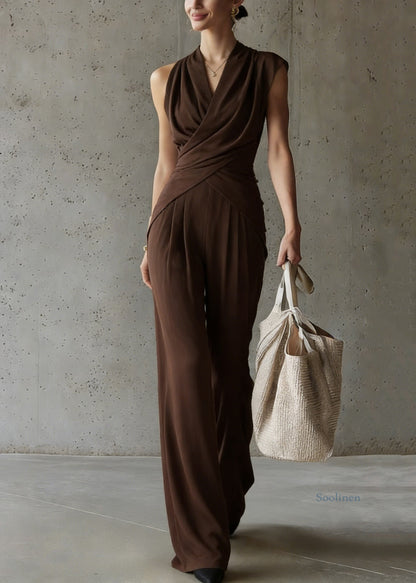 Loose Coffee Wrinkled Tops and Wide Leg Pants Silk Two-piece Set Summer