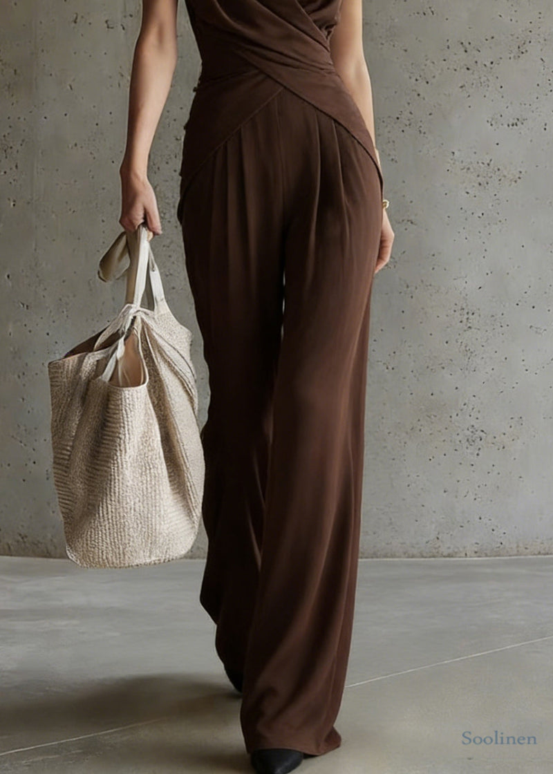 Loose Coffee Wrinkled Tops and Wide Leg Pants Silk Two-piece Set Summer