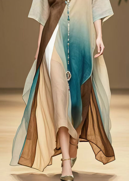 Loose Colorblock Asymmetrical Design Cotton Maxi Dresses Summer