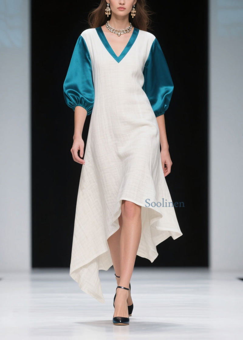 Loose Colorblock Asymmetrical Patchwork Linen Silk Dress Summer