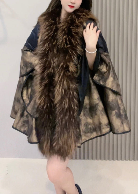 Loose Colorblock Fur Collar Duck Down Patchwork Leather and Fur Coats Winter