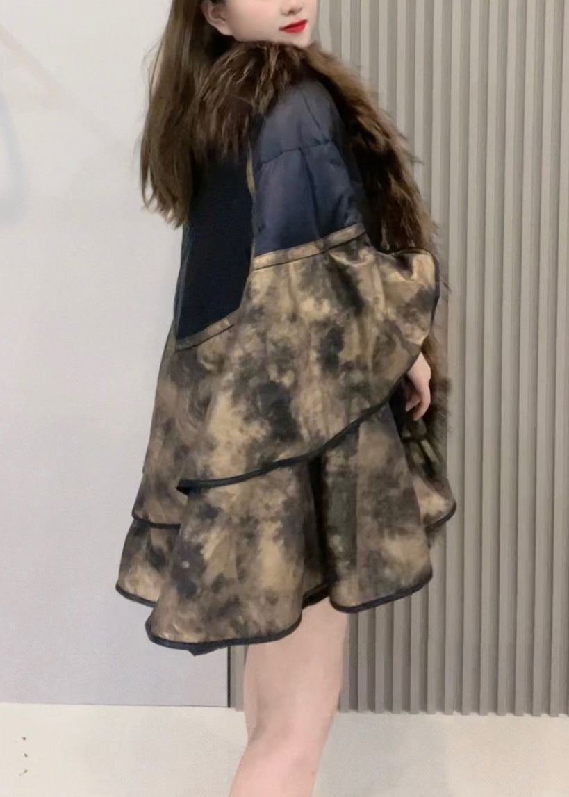 Loose Colorblock Fur Collar Duck Down Patchwork Leather and Fur Coats Winter