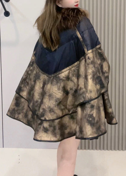 Loose Colorblock Fur Collar Duck Down Patchwork Leather and Fur Coats Winter