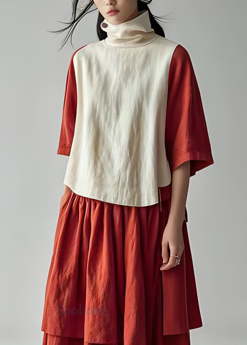 Loose Colorblock Hign Neck Cotton Top Half Sleeve