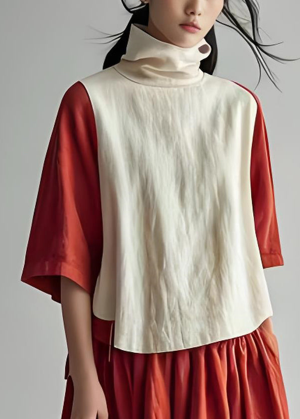 Loose Colorblock Hign Neck Cotton Top Half Sleeve
