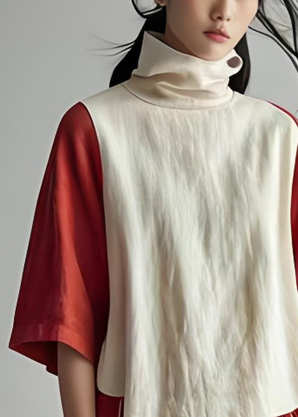 Loose Colorblock Hign Neck Cotton Top Half Sleeve