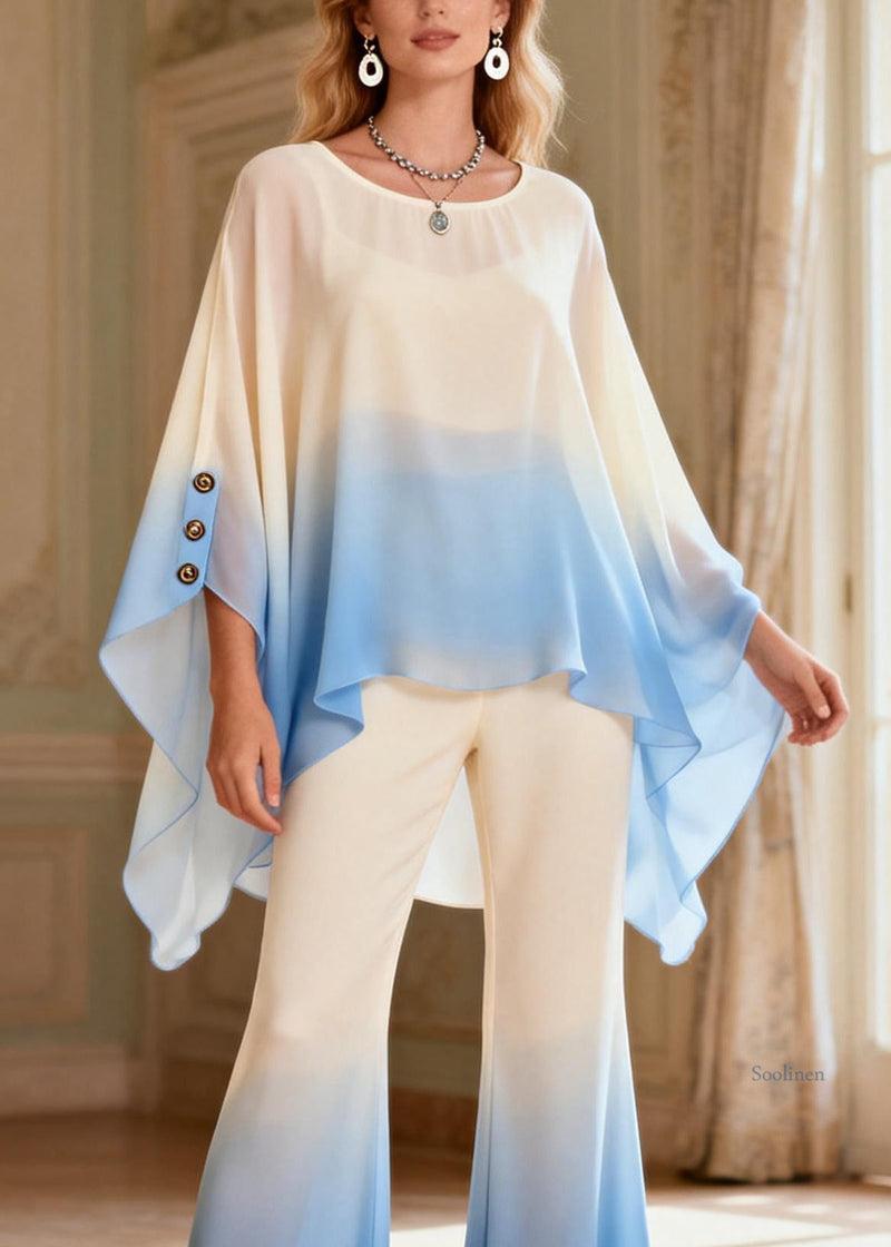 Loose Colorblock Low High Design Top and Flared Trousers Two Pieces Set Spring