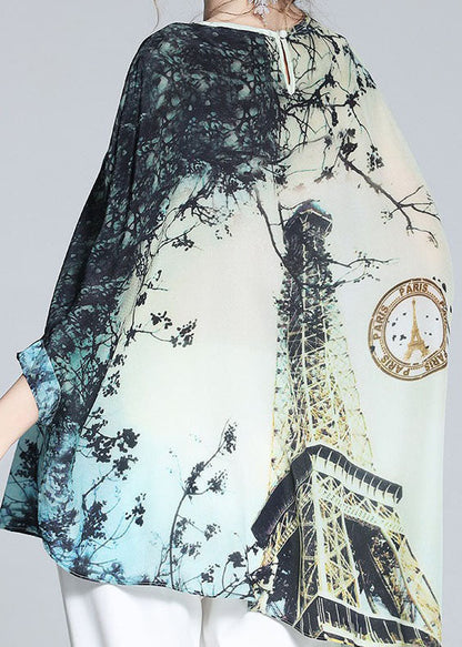 Loose Colorblock O-neck Asymmetrical Print Silk Batwing Shirt Tops Summer