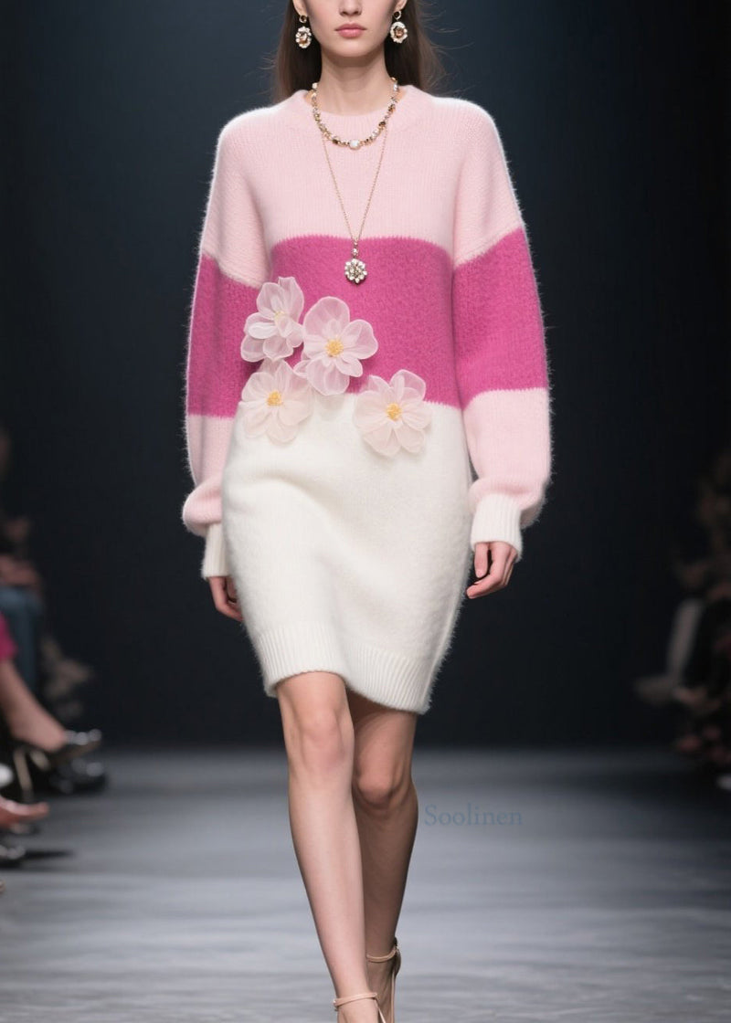 Loose Colorblock O Neck Knit Long Dress Winter
