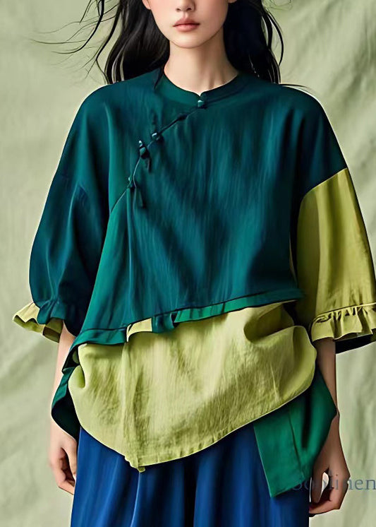 Loose Colorblock O-neck Patchwork Button Top Half Sleeve