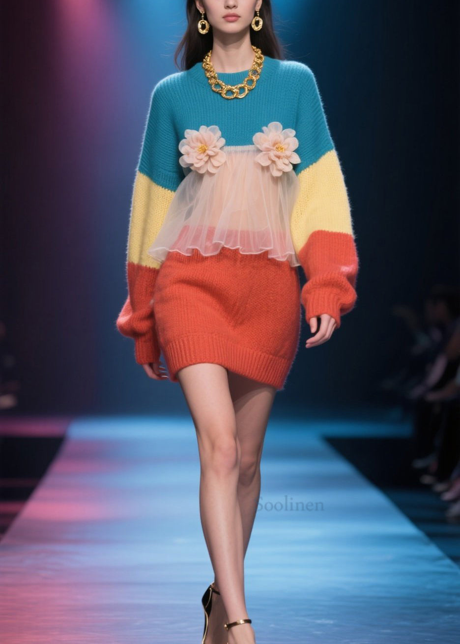 Loose Colorblock O Neck Tulle Knit Sweater Dress Winter