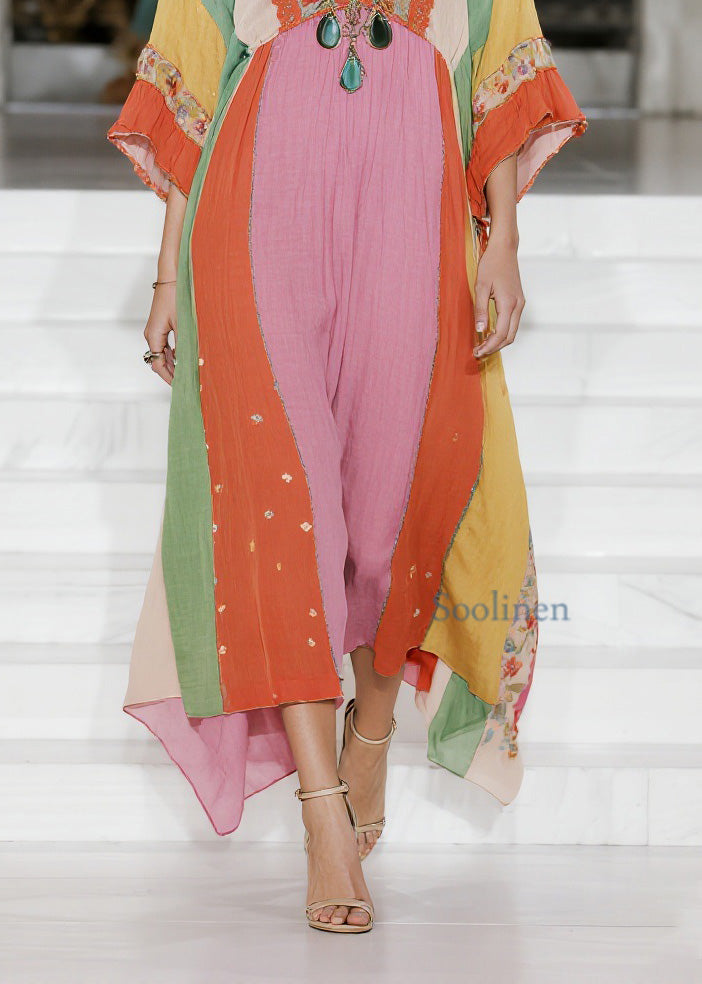 Loose Colorblock V Neck Cotton Dress Summer