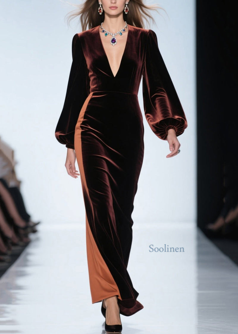 Loose Colorblock V Neck Patchwork Velvet Dress Spring