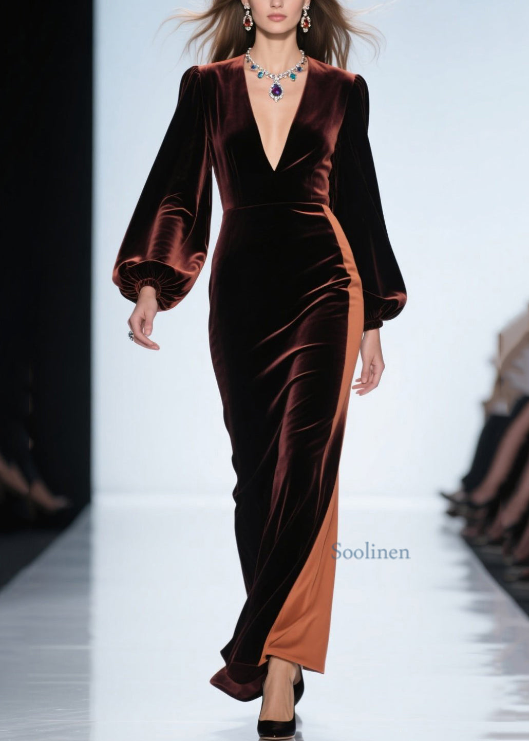 Loose Colorblock V Neck Patchwork Velvet Dress Spring