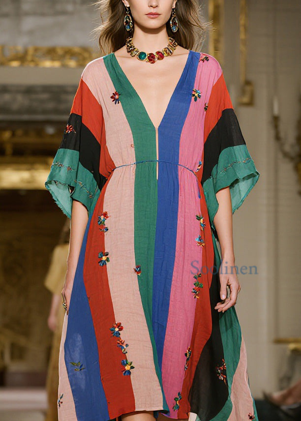 Loose Colorblock V Neck Print Cotton Dress Summer