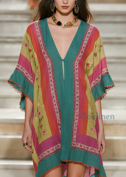 Loose Colorblock V Neck Print Cotton Mid Dress Summer