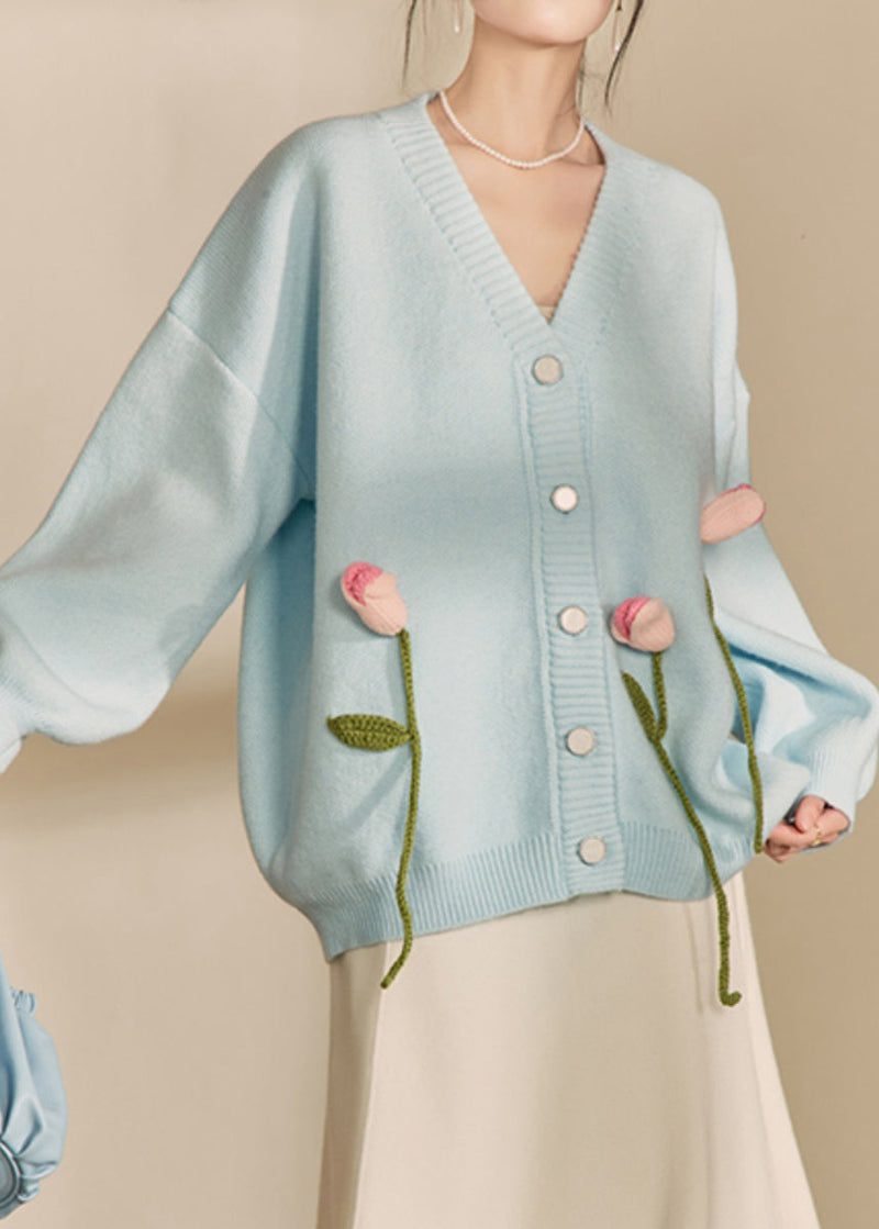 Loose Cozy Blue V Neck Knit Cardigan Spring