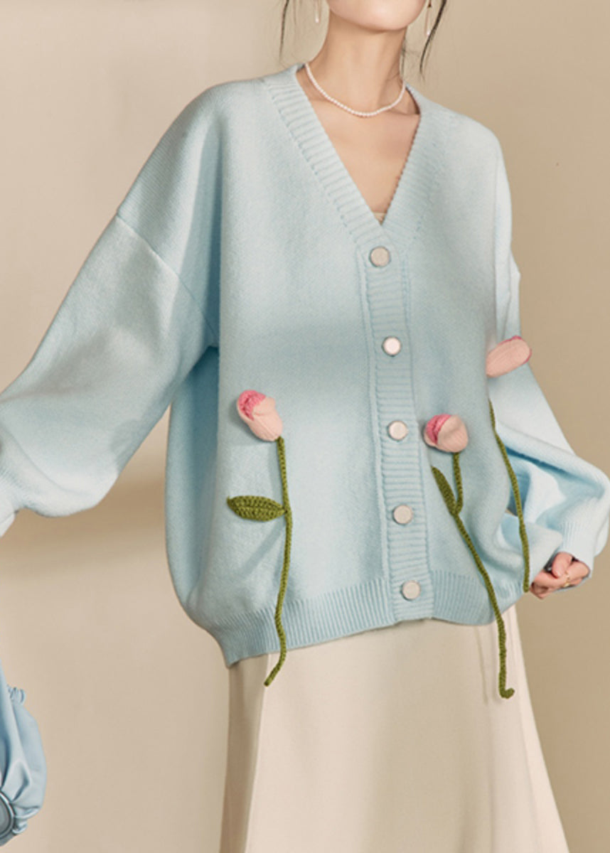 Loose Cozy Blue V Neck Knit Cardigan Spring
