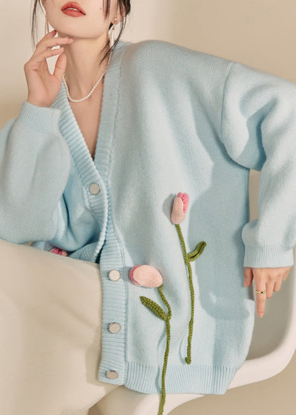 Loose Cozy Blue V Neck Knit Cardigan Spring
