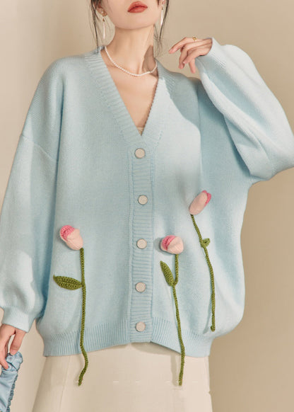 Loose Cozy Blue V Neck Knit Cardigan Spring