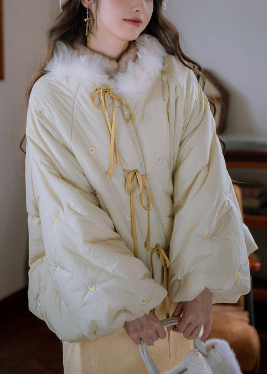 Loose Cream Yellow Fur Collar Embroidered Lace Up Cotton Filled Parkaer Winter