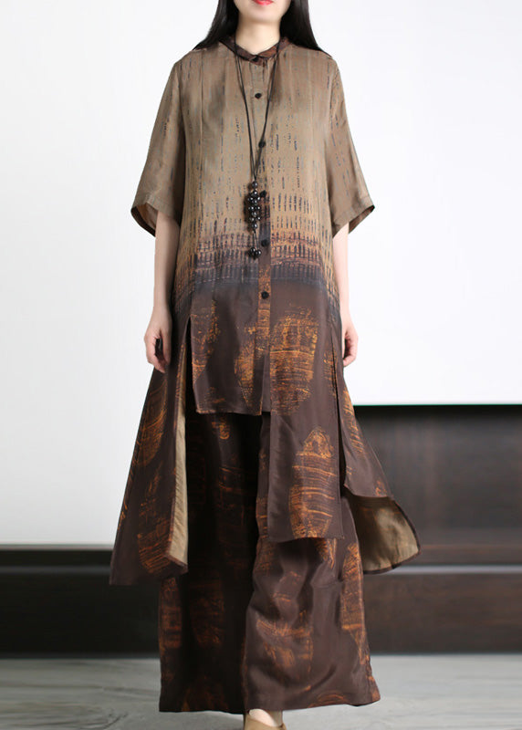 Loose Dark Blue Asymmetrical Patchwork Silk Long Shirts and Wide Leg Pants Two Piece Set Half Sleeve