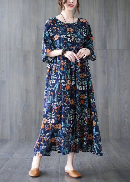 Loose Dark Blue O-neck Print Wrinkled Robe Dresses Short Sleeve