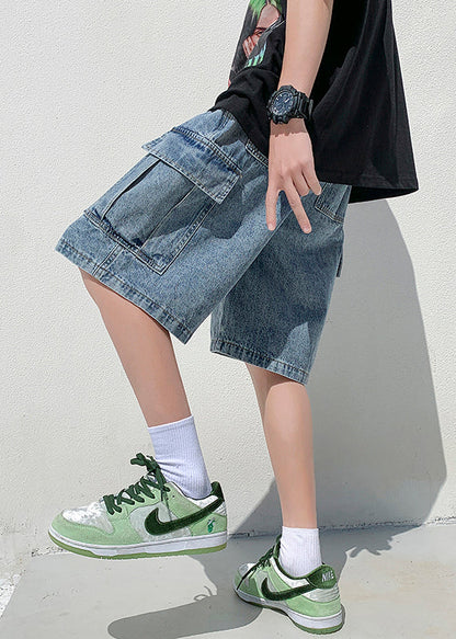 Loose Dark Blue Pockets Elastic Waist Denim Shorts Summer