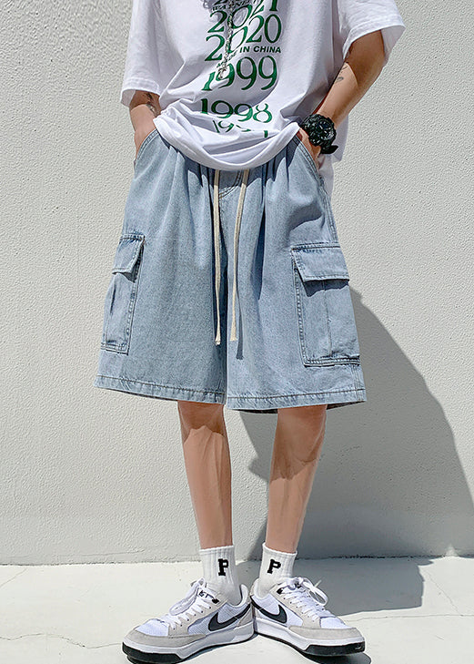 Loose Dark Blue Pockets Elastic Waist Denim Shorts Summer