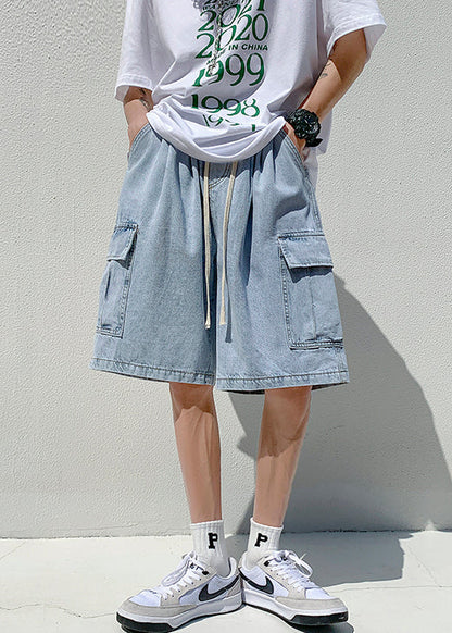 Loose Dark Blue Pockets Elastic Waist Denim Shorts Summer