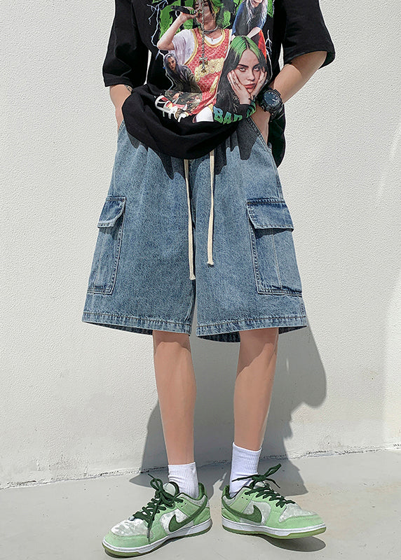 Loose Dark Blue Pockets Elastic Waist Denim Shorts Summer