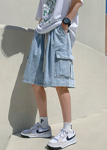 Loose Dark Blue Pockets Elastic Waist Denim Shorts Summer