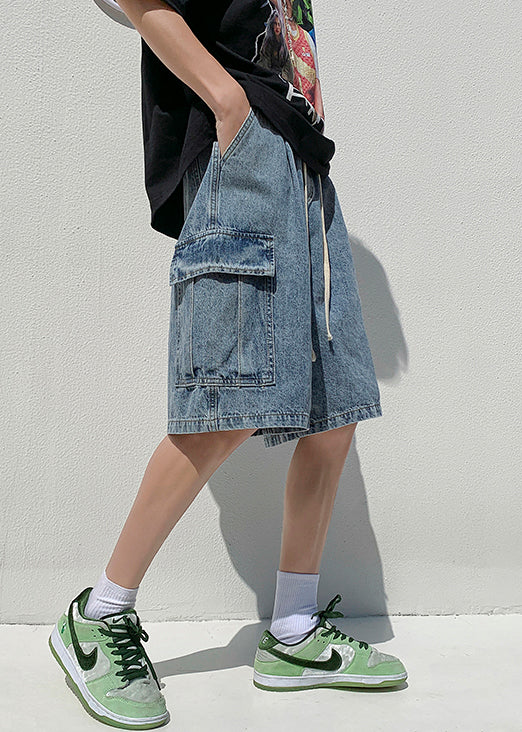 Loose Dark Blue Pockets Elastic Waist Denim Shorts Summer