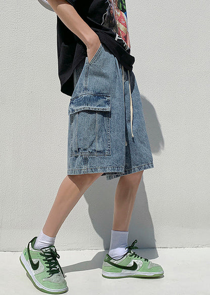 Loose Dark Blue Pockets Elastic Waist Denim Shorts Summer
