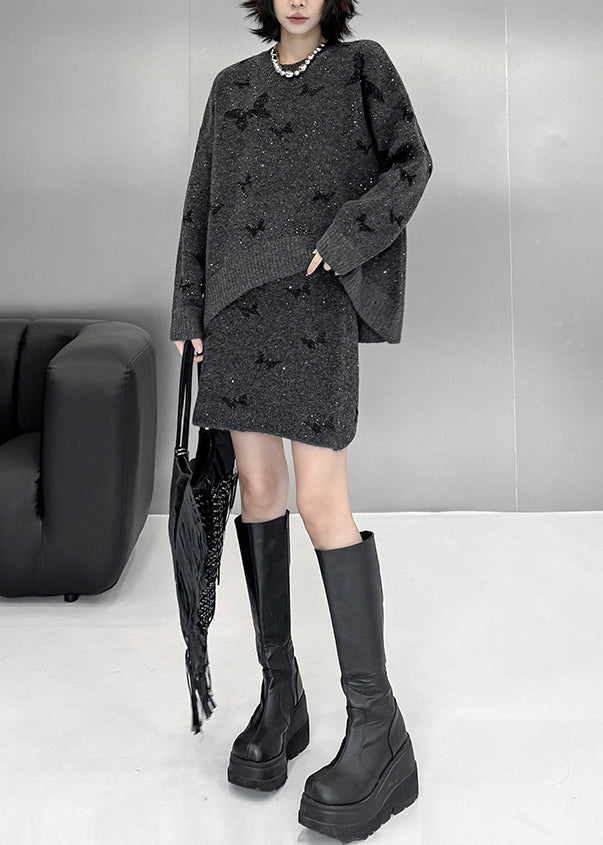 Loose Dark Gray Butterfly Sequins Sweaters and Skirts Knit Two Pieces Set