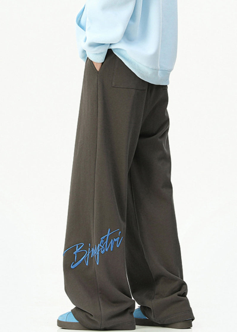 Loose Dark Gray Embroideried Pockets Cotton Wide Leg Pants Spring