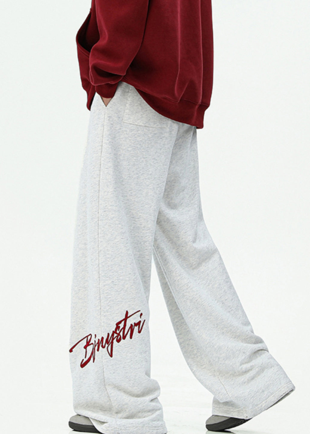 Loose Dark Gray Embroideried Pockets Cotton Wide Leg Pants Spring