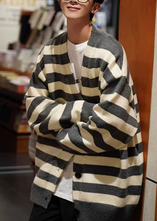 Loose Dark Gray Striped Button Knit Coats Spring