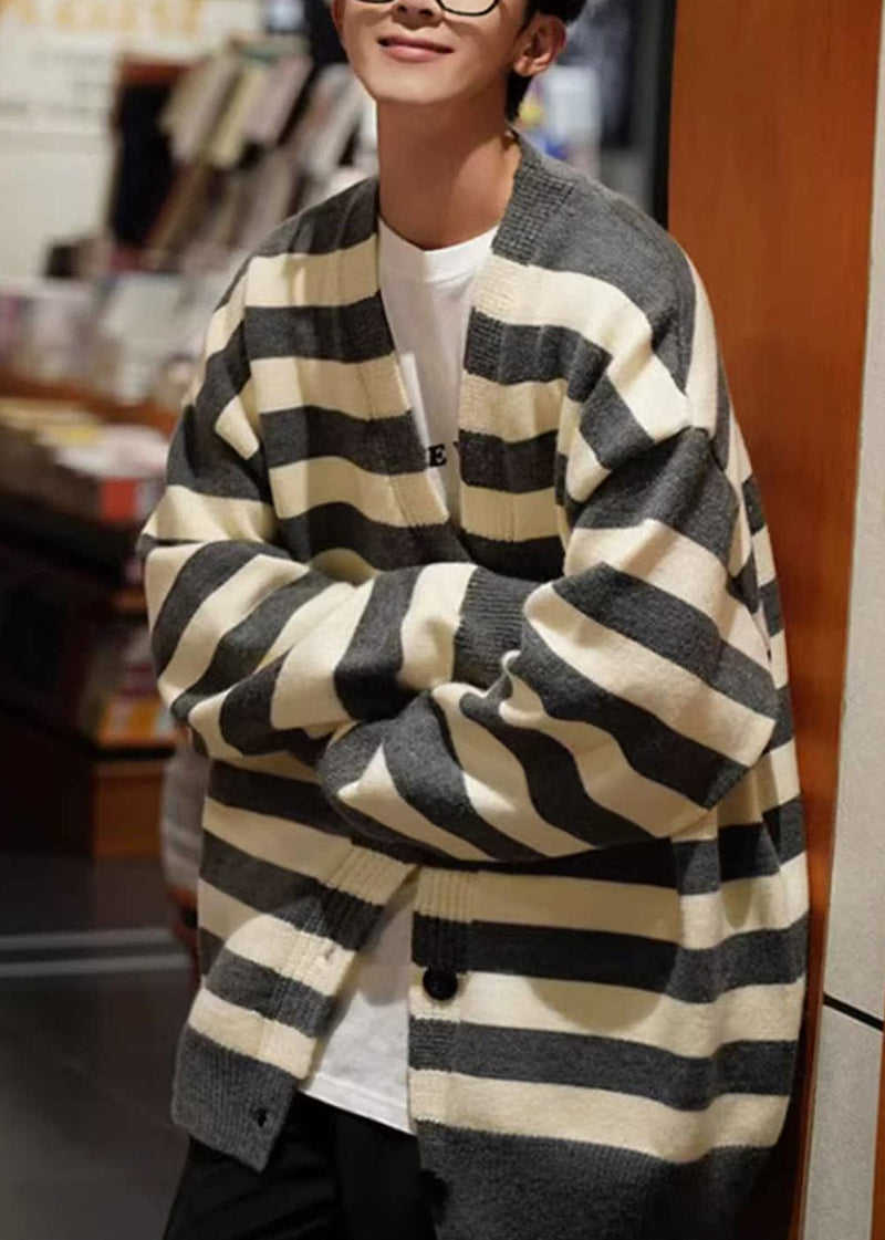 Loose Dark Gray Striped Button Knit Coats Spring