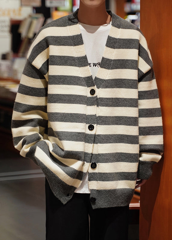 Loose Dark Gray Striped Button Knit Coats Spring