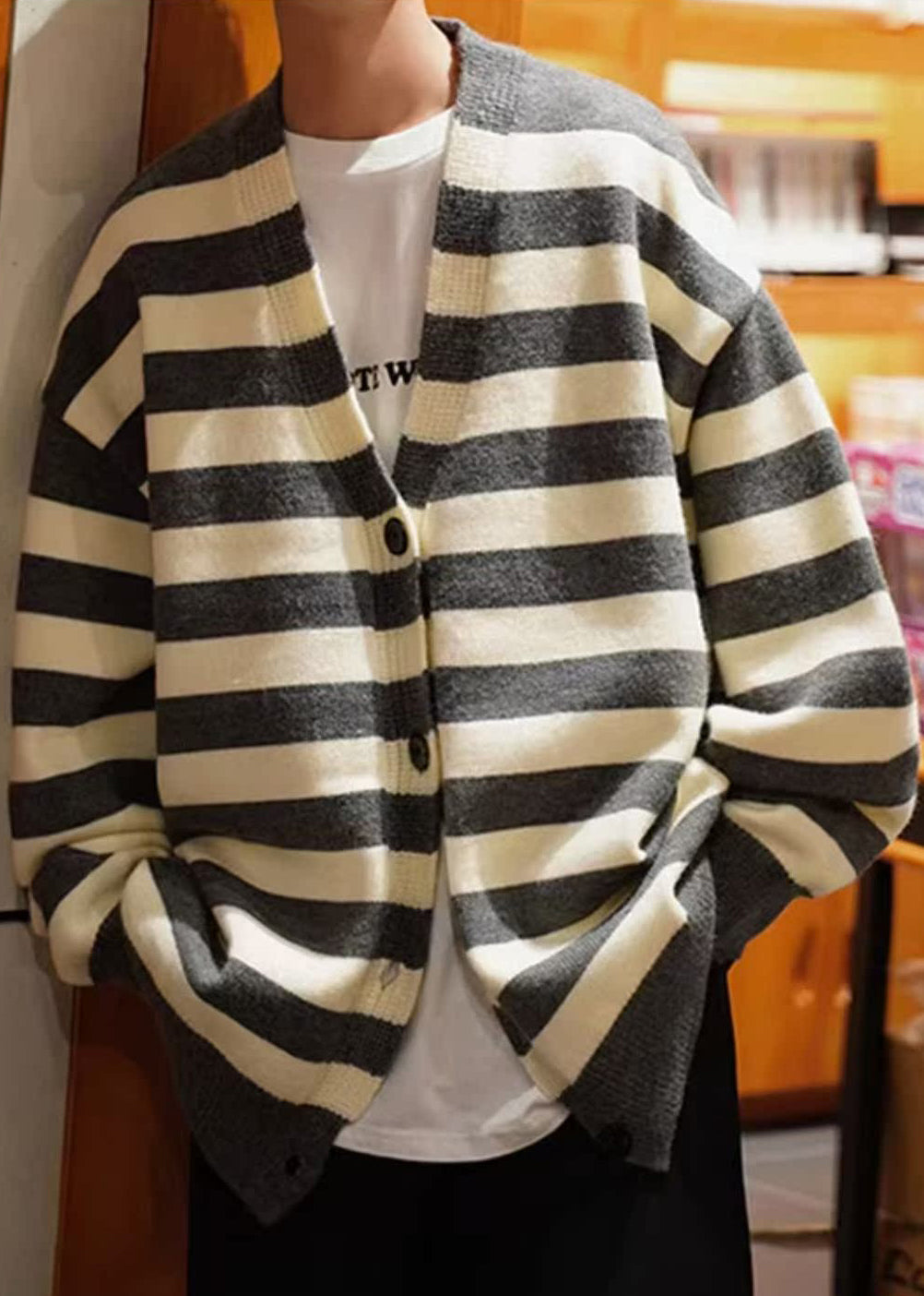 Loose Dark Gray Striped Button Knit Coats Spring