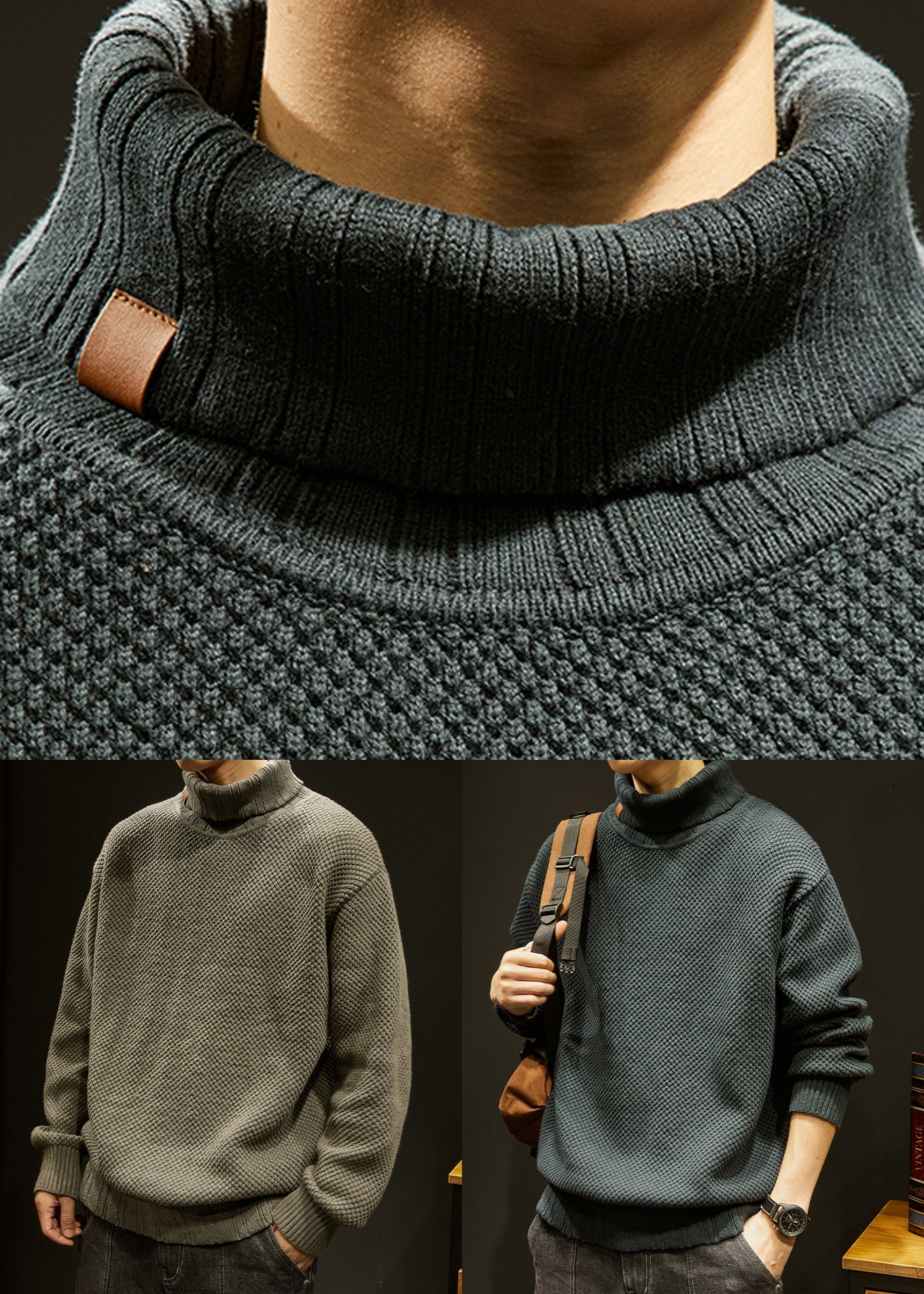 Loose Dark Gray Turtleneck Thick Cotton Knit Sweaters Winter