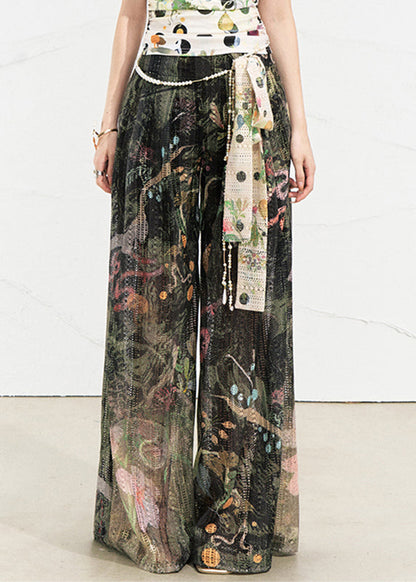 Loose Dark Green Pockets Print Wide Leg Pants Summer