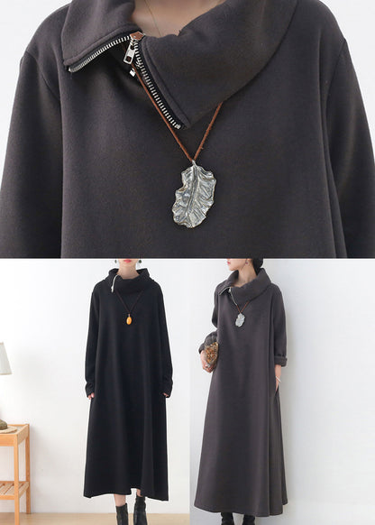 Loose Dark Grey Turtleneck Zippered Cotton Maxi Dress Long Sleeve