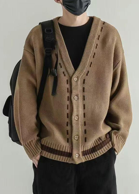 Loose Dark Khaki V Neck Button Knit Cardigan Spring