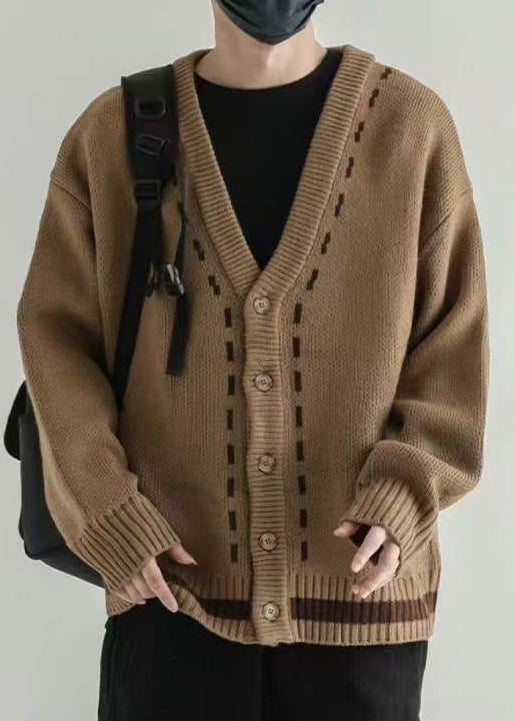 Loose Dark Khaki V Neck Button Knit Cardigan Spring